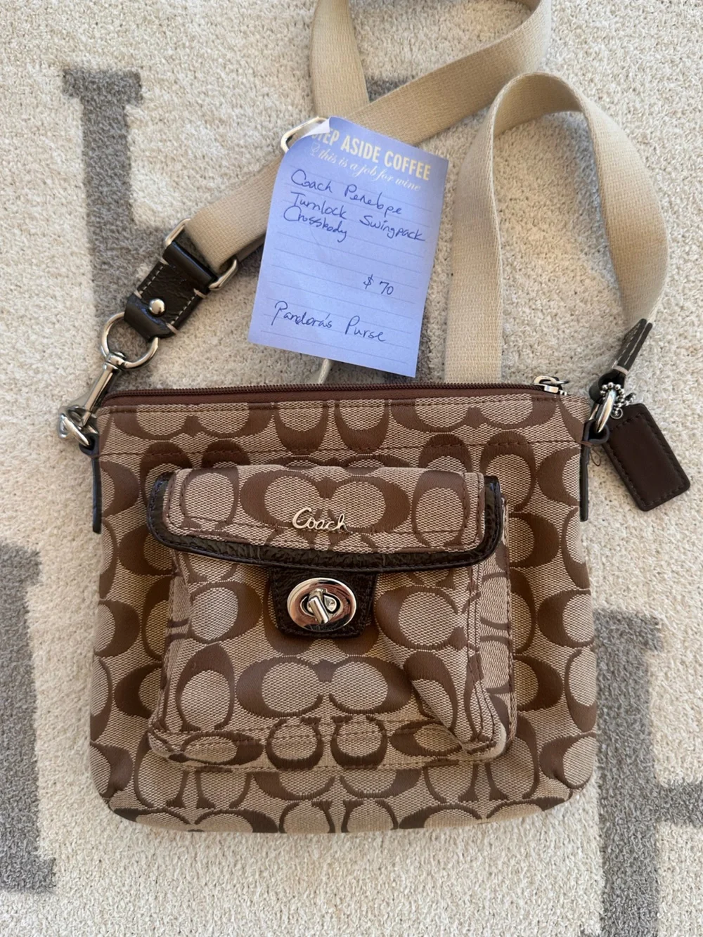 Coach Tan/Chocolate Signature Canvas Crossbody with Turnlock Pocket